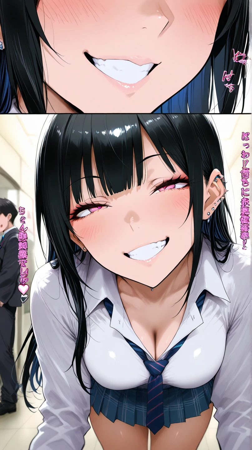 (((high quality, High resolution,))),Japanese women,iris,Brown eyes,iris,Black Hair,bangs,Long hair down the back,Straight hair,Soft lips,Fat Muscle,(Big Breasts:1.3)plump belly,Big Ass,((Navy blue blazer and checked pleated skirt:1.1)),((Bare your chest:1.1)),indoor,(Sweaty:1.1),((Heavy Breath 1.1)),((vapor:1.1)),((toll stature)),((Woman trembling with sexual climax:1.2)),((Angle from below)),((Have fun)),(((Emphasizing dripping thighs:1.3))),((peeing:1.2)),((remote_play:1.1)),