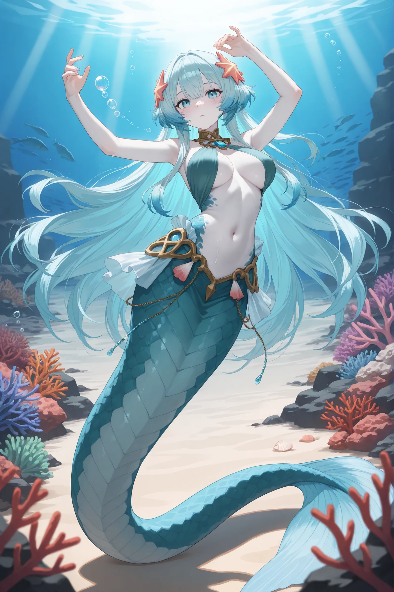 masterpiece, best quality, ultra high definition, high resolution, noise-free, (slender woman with firm medium-sized breasts:1.2), long flowing pastel blue hair with soft gradient from cerulean to aqua, delicate sea star hair ornaments and flowing tendrils, large expressive aquamarine eyes with shimmering reflections, smooth luminous pale skin with subtle pearlescent sheen, faint iridescent freckles across shoulders and cheeks, intricately detailed shimmering aquamarine and teal fishtail with overlapping iridescent scales, tail fin spread wide in graceful fan shape, Shell Brassiere, delicate seaweed-wrapped arms and slender fingers trailing bubbles, (dynamic graceful mermaid pose:1.1), hyper detailed fluid dynamics capturing swirling bubbles and micro-splashes, soft sunken ruins of ancient underwater temple in background, sunbeams piercing turquoise water casting volumetric god rays through drifting plankton, coral reef surrounding with colorful sea anemones and schools of tiny fish darting, scattering air bubbles, sand particles swirling in gentle undercurrent, ethereal underwater light caustics dancing on skin and tail scales, painterly anime style with crisp line art and smooth gradient cel shading, high dynamic range, sub-surface scattering on skin and scales, specular highlights on wet surfaces, ambient occlusion in crevices, cinematic depth of field with slight bokeh on background fish, vibrant color palette dominated by blues, greens, teals and soft pastel highlights, ultra detailed textures on scales, coral and seaweed, 8k resolution, anti-aliasing, digital painting