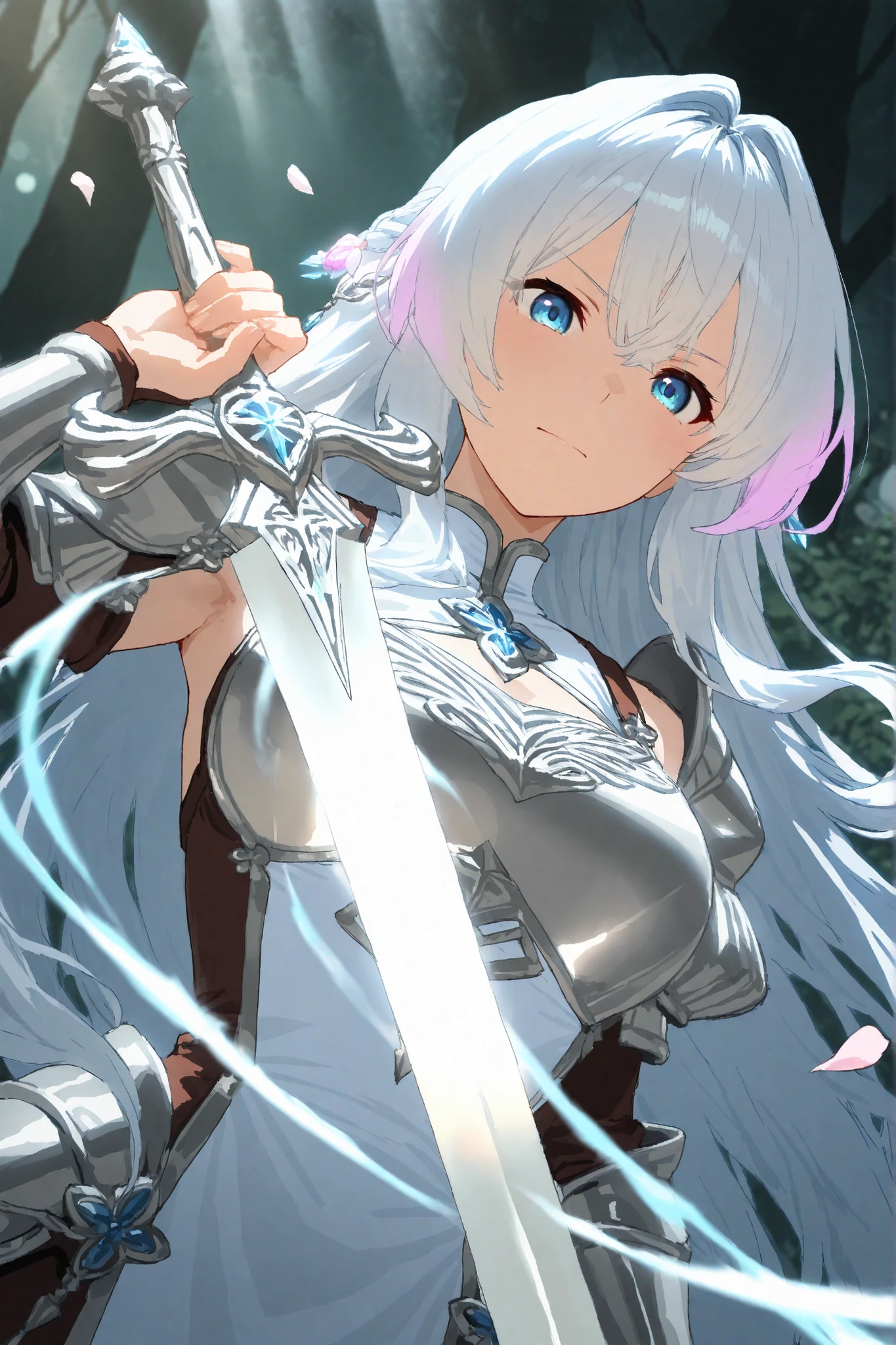long flowing silver-white hair with soft lavender highlights styled in loose waves cascading down her back, large expressive pale blue eyes with determined intense gaze, smooth fair skin with subtle rosy undertones, ornate silver and sapphire filigree armor with embossed floral motifs and integrated leather straps, fitted breastplate accentuating silhouette, articulated wing-like pauldrons, engraved rune gauntlets, layered tassets and faulds, (Oblique Upward View:1.3), flowing blue silk tabard with silver trim, slender waist cinched by jeweled belt, slender fingers gripping a glowing crystal-infused longsword with shimmering blade, (upper body:1.4), both hands gripping sword held at eye level pointing diagonally upward, head turned upward following sword's line, hair and tabard billowing dramatically as if caught by wind, precise recreation of pose and angle, ancient enchanted forest clearing at dawn, towering misty pine trees, soft golden light rays breaking through canopy, swirling ethereal mist at ground level, scattered petals and glowing motes, distant ruins of marble columns overgrown with vines, reflective dew on foliage, painterly anime style with crisp dynamic line art and smooth gradient cel shading, high dynamic range, volumetric god rays, specular highlights on metal and blade, subtle bloom effects, cinematic depth of field with background bokeh, vibrant color palette dominated by blues and silvers, ultra detailed textures, 8k resolution, anti-aliasing, digital painting