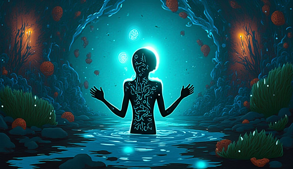 there is a man sitting in a mangrove swamp with a helmet, a meditating cyborg, cyberpunk Zen meditation, intricate transhuman, psychedelic organic cyborg, transhumanism, inspired by Igor Morski, inspired by tomasz alen kopera, neosurrealism. Digital Art, Cybernetic Body, Post-Apocalyptic Cyborg Mystic, Death of the Ego DMT