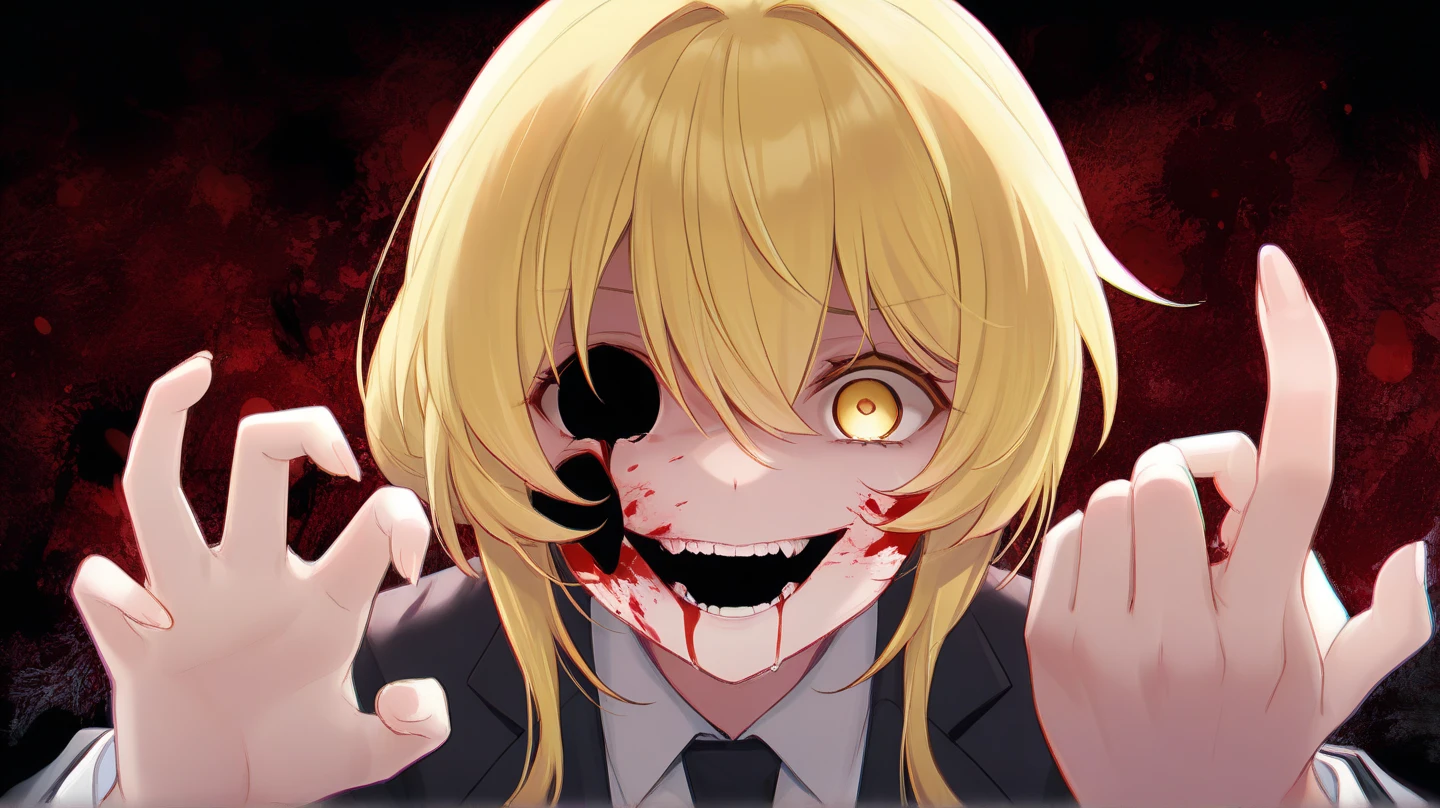 1 guy, blue eyes, blond hair, wears glasses, shoulder-length disheveled hair, male build, looks at the viewer, sly grin, creepy, dressed in a white shirt, black pants, black background, blood on clothes, blood on cheek, shaded face, detailed, beautiful, delicate tones