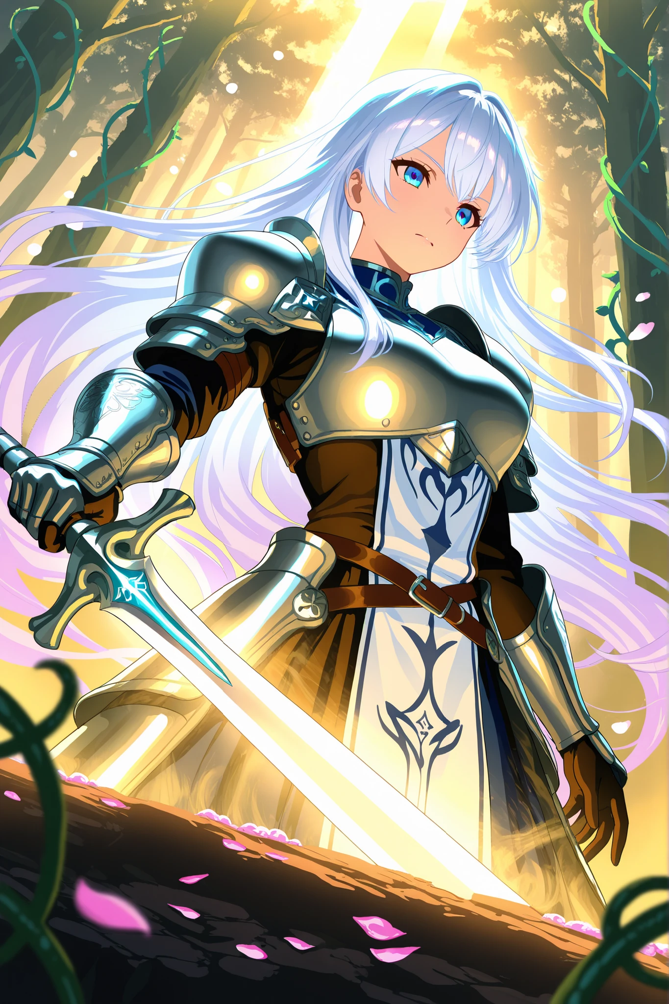 long flowing silver-white hair with soft lavender highlights styled in loose waves cascading down her back, large expressive pale blue eyes with determined intense gaze, smooth fair skin with subtle rosy undertones, ornate silver and sapphire filigree armor with embossed floral motifs and integrated leather straps, fitted breastplate accentuating silhouette, articulated wing-like pauldrons, engraved rune gauntlets, layered tassets and faulds, (Oblique Upward View:1.3), flowing blue silk tabard with silver trim, slender waist cinched by jeweled belt, slender fingers gripping a glowing crystal-infused longsword with shimmering blade, (upper body:1.1), both hands gripping sword held at eye level pointing diagonally upward, head turned upward following sword's line, hair and tabard billowing dramatically as if caught by wind, precise recreation of pose and angle, ancient enchanted forest clearing at dawn, towering misty pine trees, soft golden light rays breaking through canopy, swirling ethereal mist at ground level, scattered petals and glowing motes, distant ruins of marble columns overgrown with vines, reflective dew on foliage, painterly anime style with crisp dynamic line art and smooth gradient cel shading, high dynamic range, volumetric god rays, specular highlights on metal and blade, subtle bloom effects, cinematic depth of field with background bokeh, vibrant color palette dominated by blues and silvers, ultra detailed textures, 8k resolution, anti-aliasing, digital painting