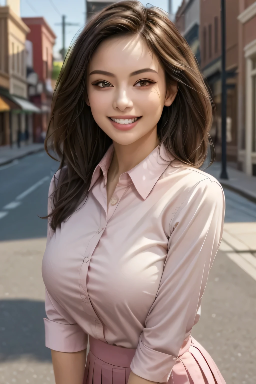 (photorealistic:1.4), (Very Detailed), (best quality), (best shadows), (masterpiece), super high resolution, 1 Ultimate Beautiful Japanese girl, solo, very elaborate face, grin, (Perfect Teeth), beautiful dark brown eyes, double eyelids, eyelashes, lip details, brunette hair, big Breasts, smile, (light pink collared shirt:1.2), (tight mini skirt), thighs, description boundary depth, perfect lighting, (background: main street)