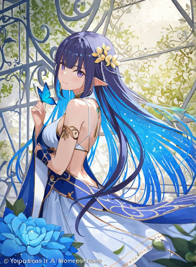 D, HD, Detailed details, Detailed landscapes, beautiful lights, Beautiful Shadows, top-quality, Highly detailed, masterpiece, best quality, ((solo)), 1girl, horb, blue eyes, dress, long hair, hews, looking at the viewer, anime-styled, (small breasts), smlie, flower background