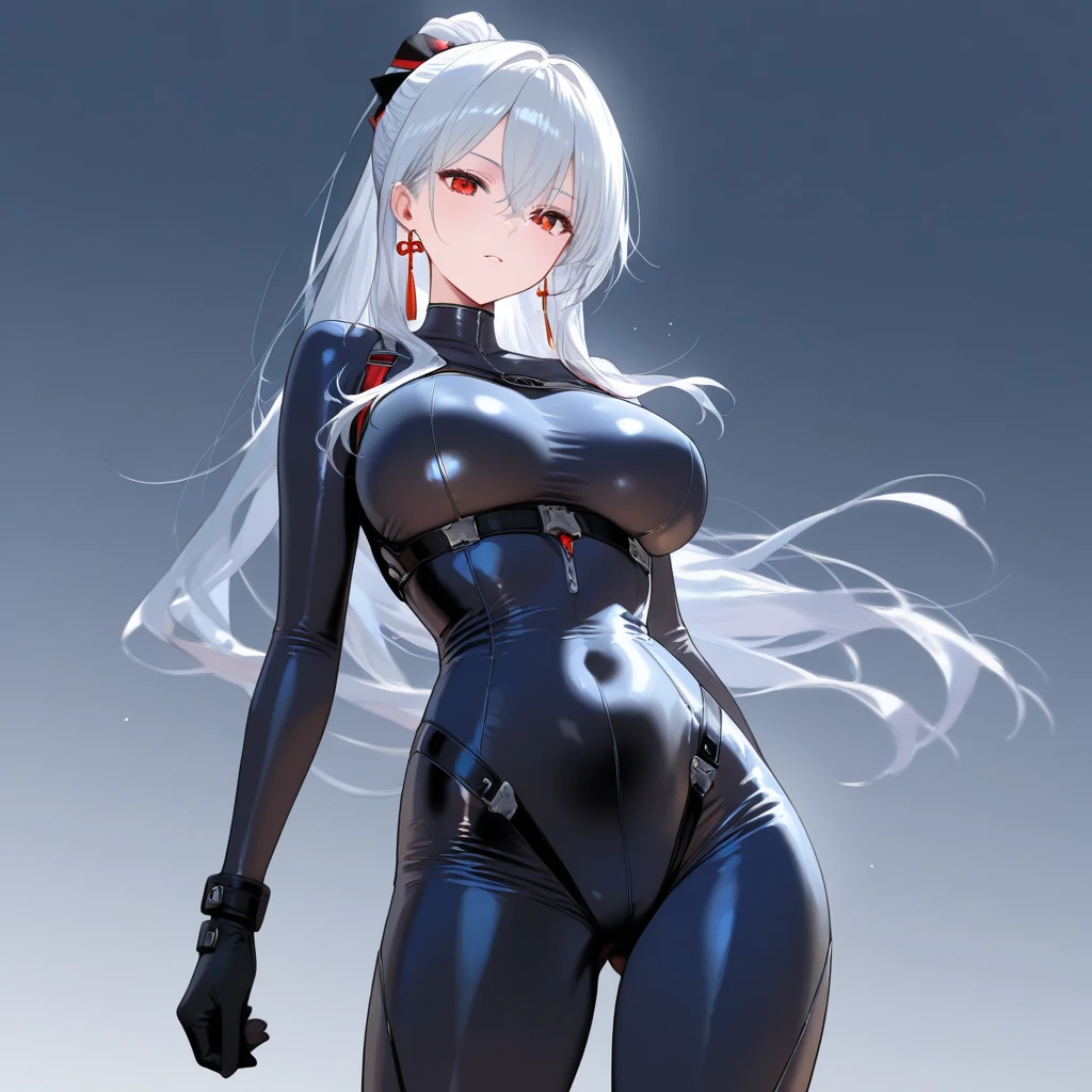 haveรายละเอียดมาก, clear, beautiful body, Beautiful nose, Beautiful character design, perfect eyes, perfect face, very high, 4k, Beautiful legs, perfect legs, good hand, perfect hand, Masterpiece, best quality, haveรายละเอียดสูง, illustration, nonsense, perfect anatomy, street fighter, doll set, Chadaloo Doll, doll set, expressionless, ดวงempty eyes, look at viewer, red gloves, Emotionless, black Latex, corruption, mind control, female warrior, full body, hypnotized, ความมึนงงที่ไม่haveความสุข, full body suit, ชุดบอดี้สูทแบบhaveจั๊ม, Both arms are at the sides., obey, perfect woman's body, extremely glossy Latex, hypnosis, Hipnolora, empty eyes, mind control device, Poses, give up_Pose, slave, stand straight, stand, stand at attention, have, necktie, belt, Latex, ชุดบอดี้สูทแบบhaveจั๊ม, thigh high, garter belt, fighting posture, Extend your right arm away from your shoulder into the air with your hand straight., soldier, Ankle boots, black stockings, (((pixel perfect, perfect details))), alone, 1 girl, hair accessories, long hair, white hair, hair ribbon, yellow eyes, Gaia, Girls' frontline, big breast, low twin tail, from above, looking from above, view from above
