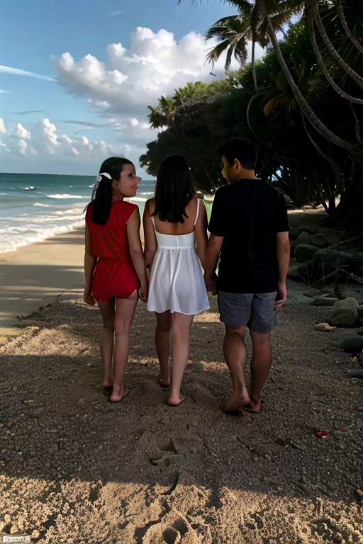 A handsome Burmese boy and two beautiful            Burmese girls naked on   the beach by the sea, the  boy is standing and phallus on his penis,  the girls   are also standing and one is holding the boy's          penis, the girls' breasts are round and beautiful,      the girls have many hairs on their pubic, just like   real photos.