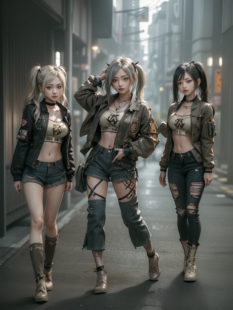 Young pretty woman, long blue braided hair, punk style, dark round sunglasses, tattoos on arms and chest, walking in a lit city street at night. High resolution real photo. She walks on the far left, there is a space to the right where she is not. Wide shot.