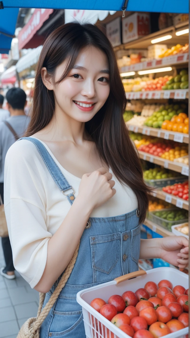 a beautiful girl, (huge Laughing:1.2), (open mouth:1.1), (Raw photo, highest quality), (64K, highest quality, masterpiece: 1.2), Super detailed, super resolution, working at a supermarket,