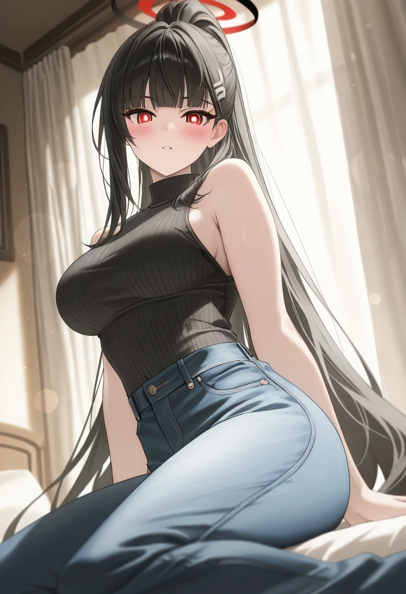 Adult female, milf, busty, hidden hourglass figure, oversized white shirt, messy and long black hair, golden yellow irises, flustered, dark alley, city, night, streetlight