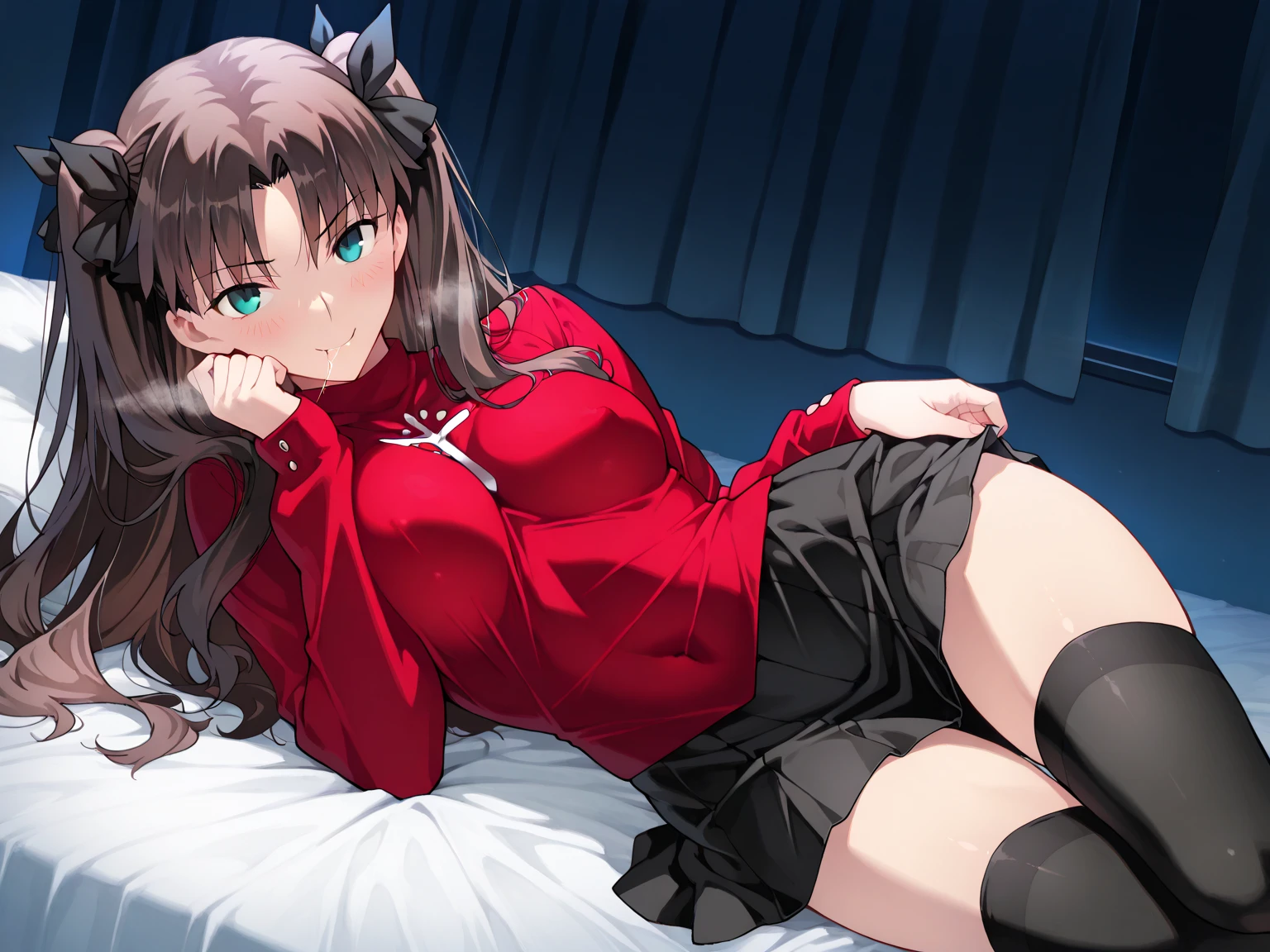 naked anime girl poses and puts her feet on a red couch, 1girl, ryougi shiki, nipples, pussy, solo, nude, blush, navel, short hair, uncensored, breasts, spread legs, small breasts, brown eyes, clitoris, ribs, bangs