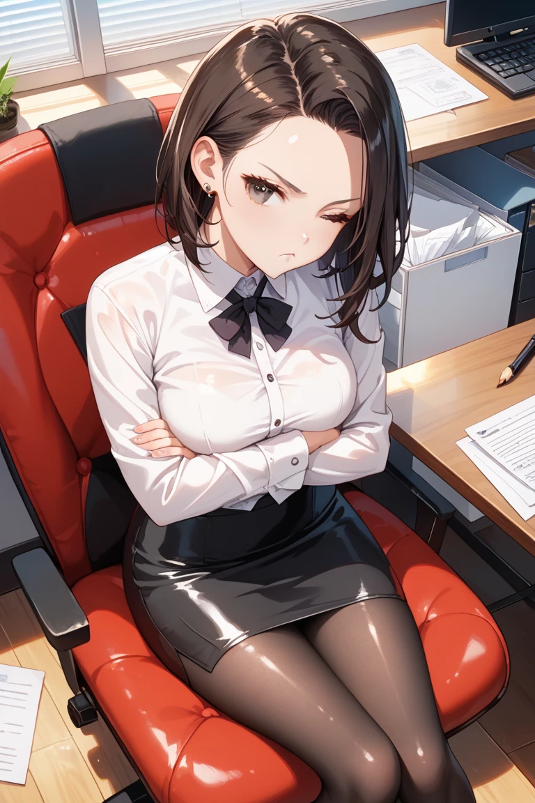 (masterpiece, best quality), a young black haired girl office secretary dressed in a transparent white blouse and black office skirt and black pantyhose ,sitting in an office chair, holding pencil, (detailed skin:1.3),(detailed eyes), (sharp focus),