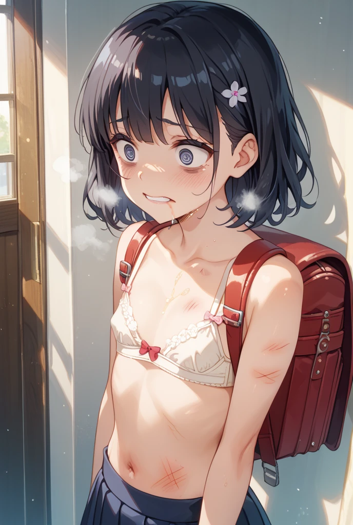 yukimi, 10., long hair, dull bangs, flat chest, No expression, shy, whole body, highest quality, (randoseru backpack:1.4), school classroom、In underwear、angle from below、kneel down、(small area white panties:1.4)、(masturbation:1.4)、(put your hand inside your pants:1.4)、Striped pattern、embarrassing、Transparent、