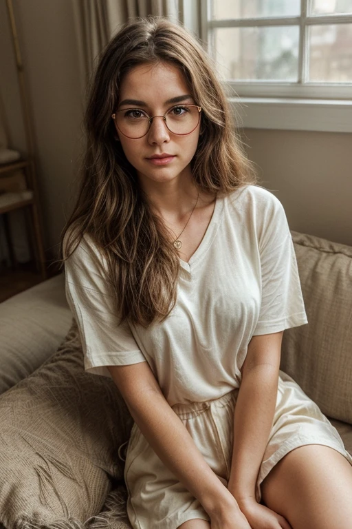 (Cinematic Grade), (Excellent), (Comic Book Style), (In a Dizzy Living Room: 1.5) (A 24-Year-Old Woman Lying on a Large Fabric Sofa: 1.4) (Wearing a White t Shirt: 1.3) (Brown Hair Tied Up in a Ponytail) (Wearing a Pair of Glasses) (Cinematic Grade) (Excellent Picture Quality) (In a Normal Living Room, Dim Lighting: 1.6)  