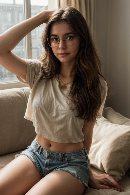 (masterpiece, Best quality:1.2), 1 young charming tomboy girl, 16 years, One, Russian chubby brown-eyed girl in glasses with aesthetic small breasts and beautiful erect nipples, Beautiful realistic eyes, round face, round cheeks, small round chin, wide cheekbones, beautiful proportional small wide nose, Plump lips, closed mouth, expressive brown eyes, long eyelashes, glasses with lenses, A little crazy look, sparkle in the eyes, tousled dark brown mohawked short hair, highlighting individual strands of hair in fiery orange color, realistic highlighting, stylish revealing translucent white lab coat to mid-thigh on a naked body, curly pubic hair, Beautiful long legs, barefoot, I don&#39;t wear a bra because it&#39;s hot, I don&#39;t wear panties because it&#39;s hot, beautiful muscular arms, Graceful fingers, velvety skin, full-length photo portrait, whole body, high quality human skin textures, realistic hair, Beautiful face, Ideal Anatomy, realistic textures, maximum realism of clothing textures, realistic glasses with distorting lenses, medium shot, Free standing pose, against a brick wall, seductive model standing pose