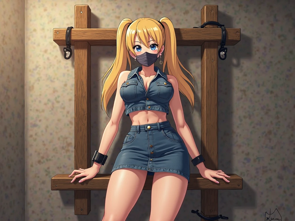Shiny blond hair, very long hair, sophisticated haircut, ((((hair fully braided)))), ((small twisted braids)), thin and oval face, submissive, (((gagged))), ((((open denim jacket showing her breasts)))), cute and blushing 18 years old anime girl, look away because she is embarrassed and blushes, bright blue eyes, detailed face, detailed members, detailed arms, detailed hands, ((((sparkling diamond jewelry)))), tiara, ((makeup)), high heels, puffy sleeves, long gloves, long eyelashes, Girl lying, tied by ropes, shackled, can no longer move, tied tightly, very hard tied up with lots of ropes, hampered by so many ropes that she can no longer move, bound hands and feet, ropes tie his whole body, tied extremely tightly and forcefully to her bed by a lot of ropes, its limbs are strongly tied together by ropes, his torso is tied up with thick cords, her chest is so tied up with ropes that it sticks out, her legs are tied tightly with thick ropes, his hands are tied behind his back with ropes, she can no longer move her feet, her hands which are tied by thick ropes, she desperately tries to free herself, likes to be tied tight with big ropes, likes to be immobilized by big ropes, lying down, his hands and feet are strongly tied to the railing of his bed, his legs are pressed together and tied with ropes, its limbs are held vigorously by imposing ropes, her hands are tied securely behind her back by ropes, her chest is compressed by strong ropes, she is pressed against her bed and restrained by large ropes (shibari, arms behind the back:1.4), (hands on the back), (masterpiece, best quality) 1.5, 1girl, solo, (sexy, beautiful woman, perfect face, perfect eyes, perfect hands), samus aran, (shibari, arms behind the back:1.4), (hands on the back), Spread the legs, s' ((lie in bed by big ropes)), ((close up of the girl)), ((((lie in bed))))