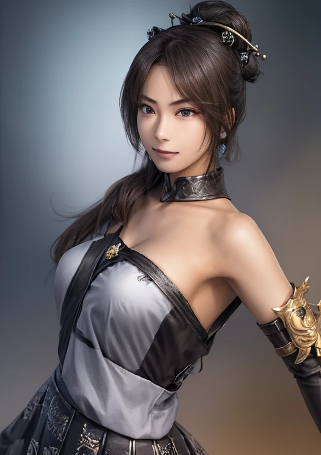 best quality, masterpiece, high resolution, 1girl, ancient chinese battlefield background, metal armor, metal collar, hair accessory, necklace, jewelry, beautiful face, upon_body, tyndall effect, realistic, dark studio, edge lighting, duotone lighting, (high detail skin:1.2), 8k ultra hd, dslr camera, soft lighting, high quality, volumetric lighting, frank, photos, high resolution, 4k, 8k, bokeh, silver white bikini armor, chest embroidered phoenix, Metal cuirass, tight fit, ponytail, bare arms, exposed abdomen, weapons, short bracers, stockings