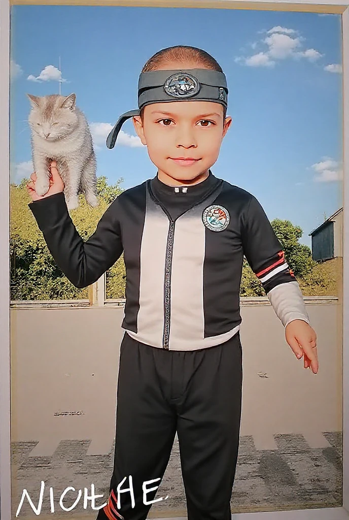 Retrato realista de um menino de sete anos, Ele usa uma camisa vermelha . Your face is and exploratory . Ele sai cautelosamente para o jardim da casa, A small cat is among the bushes and he touches it cautiously ,Not facing the camera,, Hair is messy ,