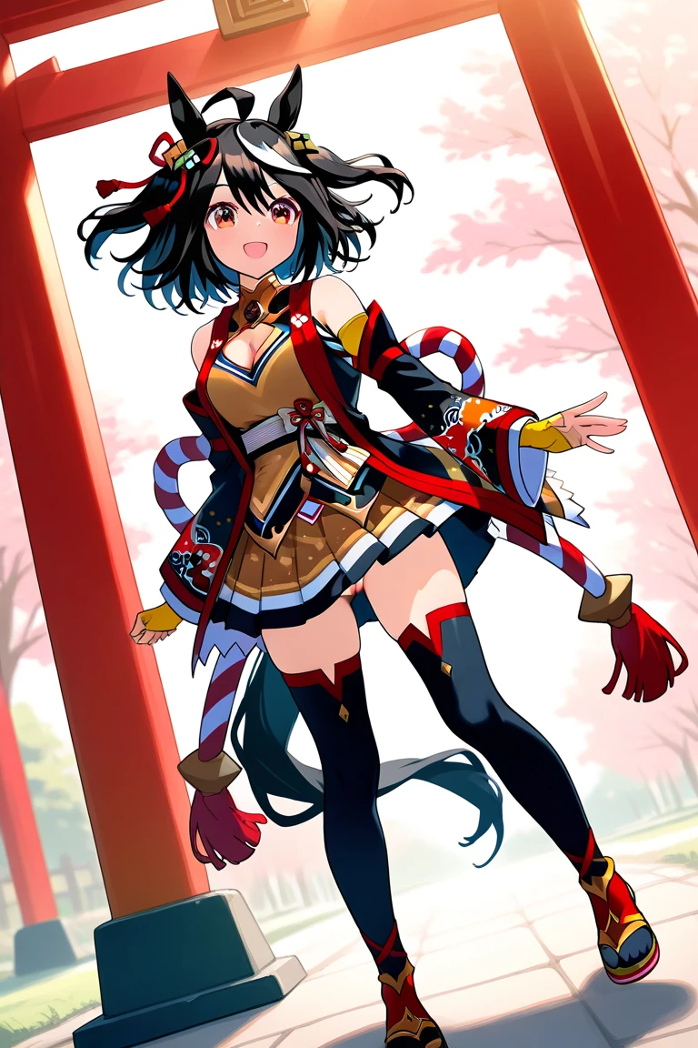 score_9, score_8_up, score_7_up BREAK
(grassland), racing,
shobufuku, 1girl, solo, breasts, looking at viewer, smile, short hair, black hair, hair ornament, red eyes, thighhighs, animal ears, cleavage, hair between eyes, medium breasts, tail, full body, ahoge, white hair, multicolored hair, detached sleeves, (black thighhighs), streaked hair, clothing cutout, cleavage cutout, horse ears, horse girl, rope, horse tail, shimenawa, (standing), sing arm waving, laughing,
<lora:Kitasan_Black-ponyXL_V1:0.8>,