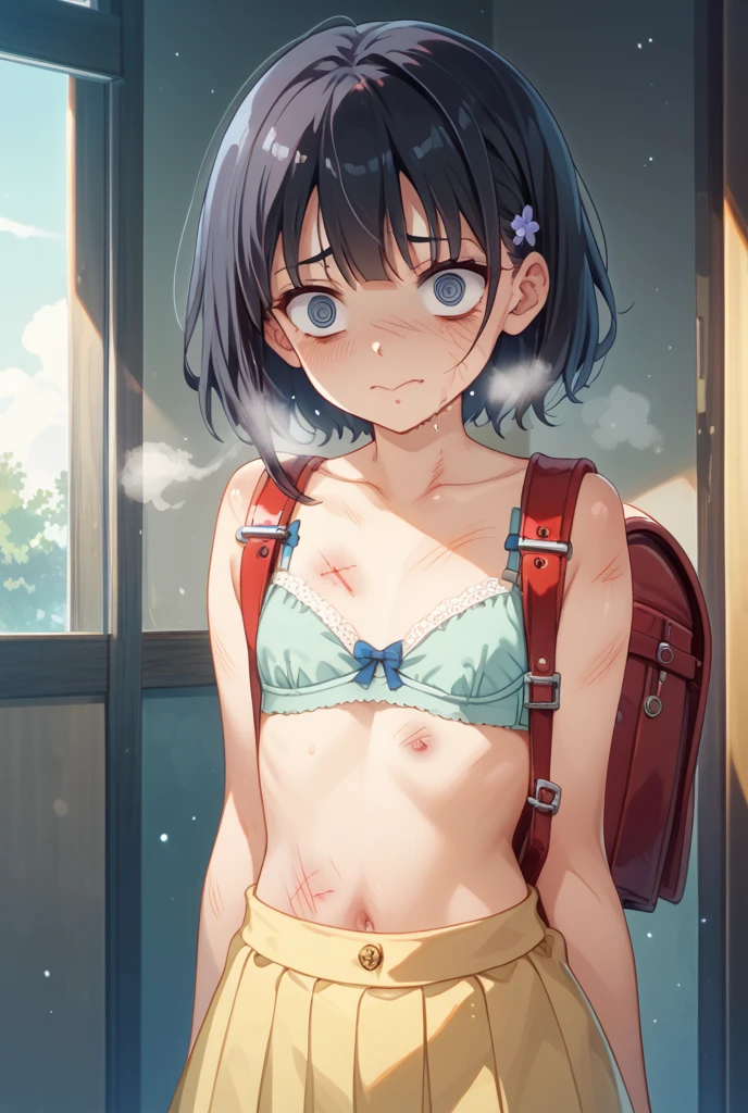 (masterpiece:1.2), (highest quality:1.2), Perfect Eyes, Perfect Face, Perfect lighting, middle ages, middle ages, battlefield, rubble, 1boy, Black Hair, white eye, blunt bangs, short hair , Ahoge, ((((nude)))) , open mouth, (scared:1.2), ((smile)), front, Small breasts, (messy hair), spread legs, arms behind head, sweat, ((((disdain)))), ((grin))