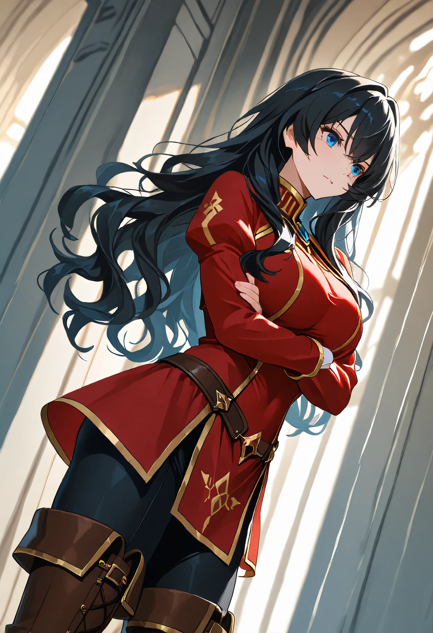 ctiancelesti4, blue eyes, long hair,wavy hair, black hair, in a castle, solo, RPG style, red adventurer tunic, black pants, black thigh pants, brown boots, brown thigh boots, outfit with gold trim, elegant, dominant, dutch angle, cowboy shot, perfect eyes, perfect body
