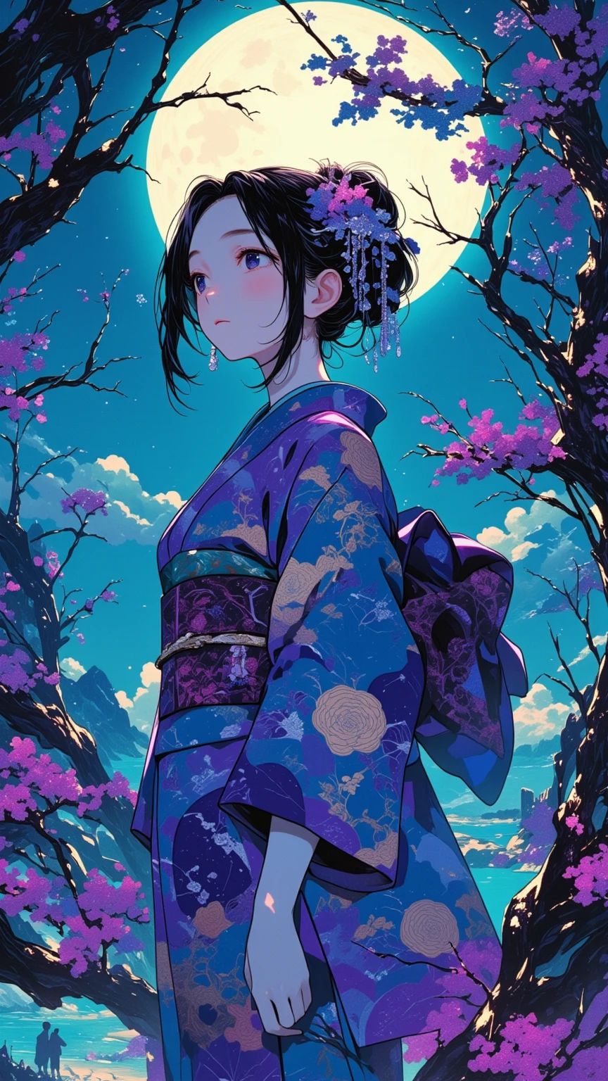 by nixeu, best quality, 1girl, demon slayer uniform, kochou shinobu, solo, impasto, realistic, from behind, upper body, facing away, butterfly hair ornament, black hair, short hair, purple hair, hair ornament, clothes writing, japanese clothes, black jacket, updo, butterfly, wisteria, haori, flower