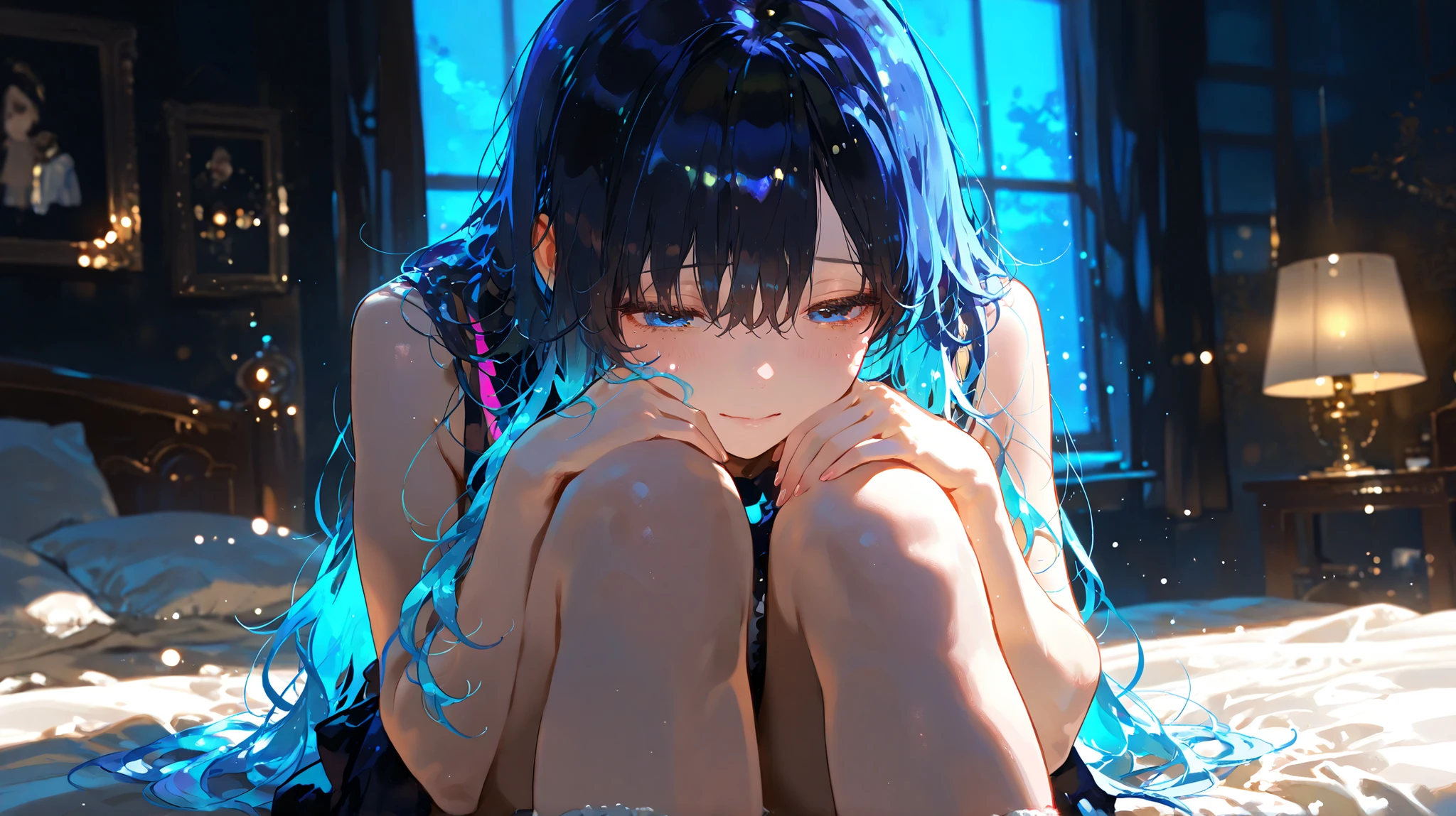 1girl, sitting alone on a bed in a dark room, moonlight faintly entering through window, messy bedsheets, holding knees close to chest, blank expression, emotional atmosphere, no lights on, slight tear on cheek, (((masterpiece))), (((best quality))), (8k), (detailed illustration), (((detailed beautiful face and eyes))), (((super fine illustration))), cinematic lighting, cinematic angle, soft light, color detail, Depth of field, long exposure, light steps, intricate colors, vibrant colors, 748cmstyle