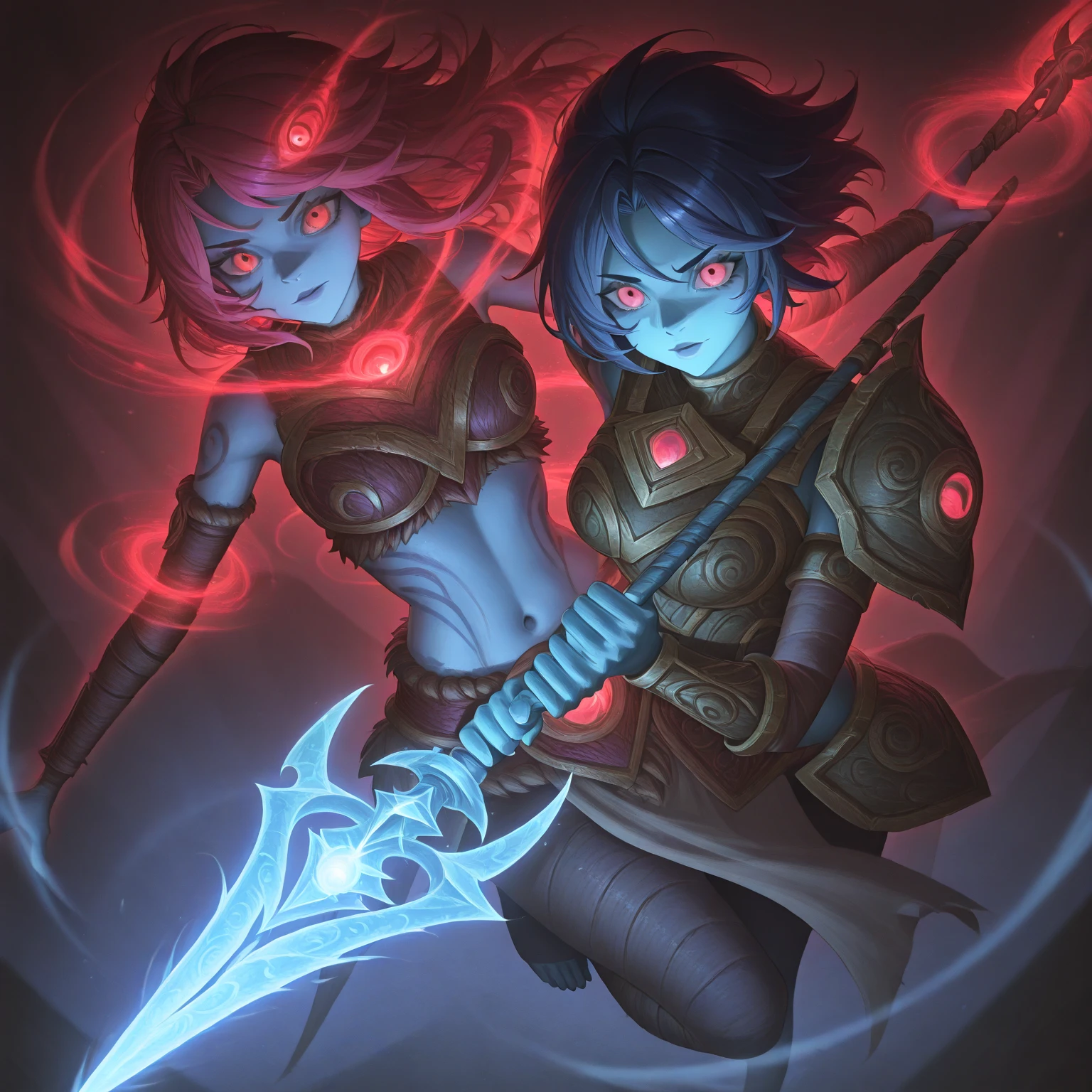 (1girl, purple hair, short hair, spiral eyes, angry, clenched teeth) (digital) (looking at viewer) (upper body) (standing), (Dark Purple Sparkling Forest background), (short skirt)) , best quality, pointy ears, colored skin, blue skin, glowing, cleavage, armor, Purple armor, gold trim, navel, voidelf, twoheads, conjoined_dicephalus, 