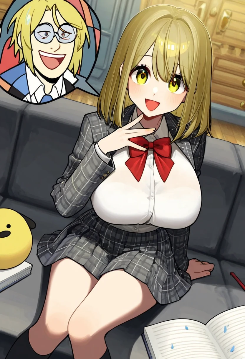 masterpiece, best quality, distinct image,1girl, solo, girls und panzer,darjeeling,large breasts, gloriana's school uniform, blue sweater, blue skirt, black necktie, white shirt, black pantyhose, st. gloriana's \(emblem\), sitting, crossed legs,light smile, blush, indoors, couch