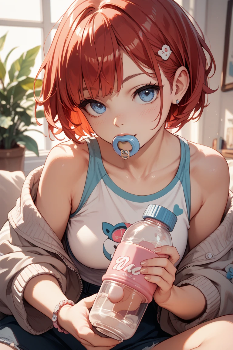 (best quality, ultra detailed:1.2),BREAK,misty pokemon,masterpiece,denim shorts,short hair,orange hair,yellow shirt,red suspenders,green eyes,side pony,navel baring,Big Breasts,crying,face close up,BREAK,((1man and 1woman,fellatio,penis,)),(cum in mouth:1.2)