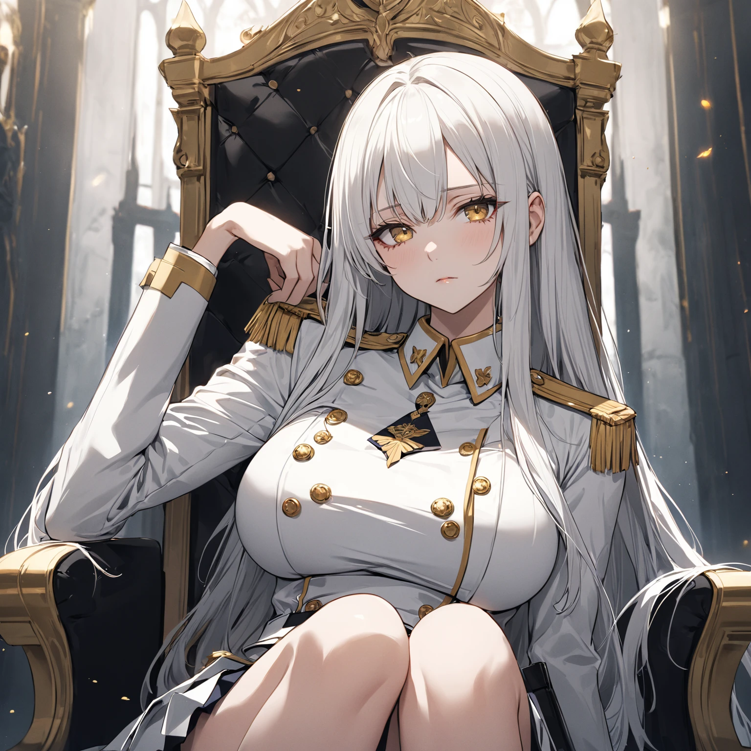 1girl, solo, best quality, masterpiece, long hair, white hair, hair between eyes, golden eyes, Serious expression , black uniform, sit on throne, detailed eyes