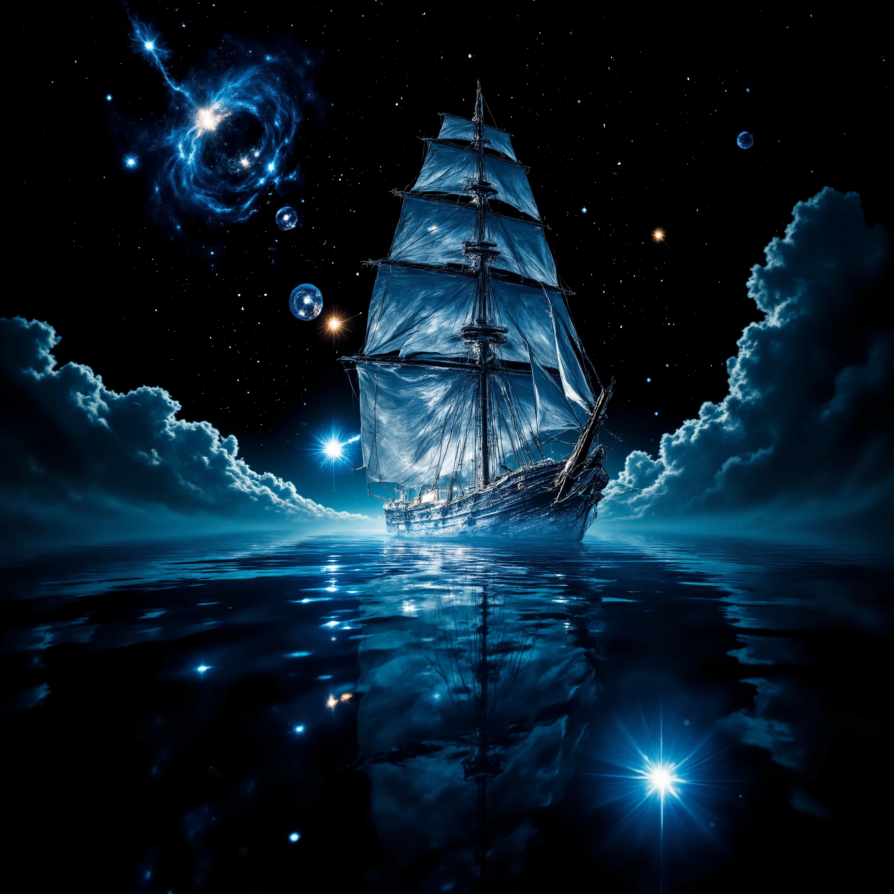 a huge saiiship swims through the vastness of space、infinitely dreamy illustrations, surrounded by nebulae galaxies and a beautiful asteroid belt. (Highest Quality,4K,8k,high resolution,masterpiece:1.2),very well detailed,(realistic,photorealistic,photo-realistic:1.37), Fantastic Lighting , bright colors, A sailboat that shines in the celestial world, Ethereal Atmosphere, Graceful Movement, calm and peaceful.overwhelmingly impressive composition