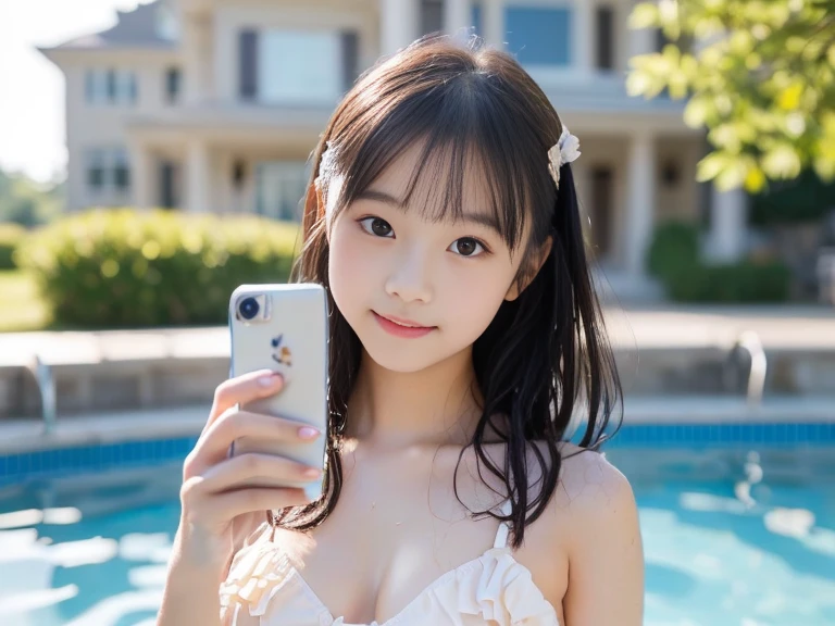 4 girls、A schoolgirl、randome pose、Same white school swimsuit、cute little、Looks young、Artistically sheer nipple,Selfie、Cheerful smile、Swimming Club、18 years-old