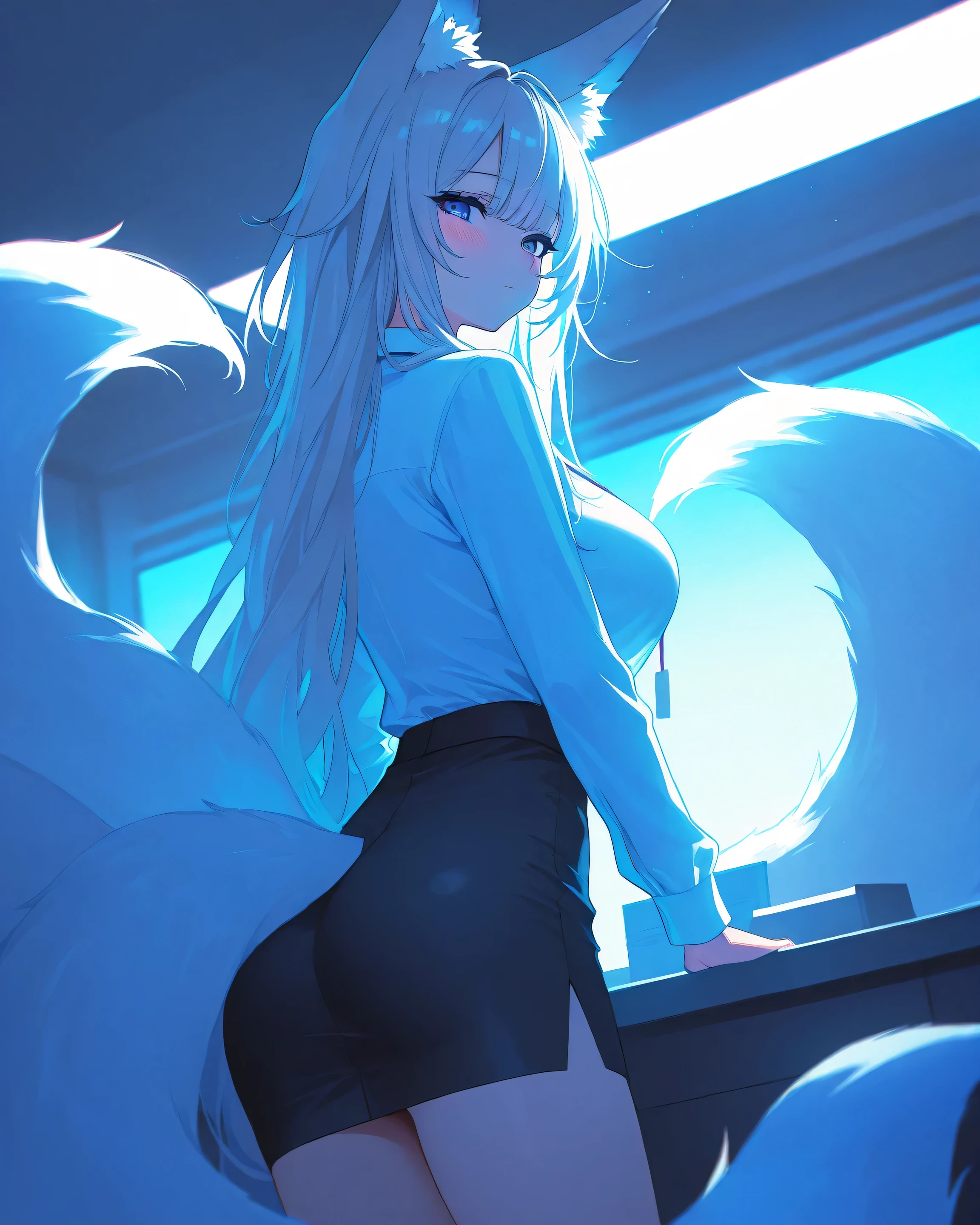 1girl, alternate costume, ass, black skirt, blush, breasts, closed mouth, collared shirt, from behind, large breasts, long hair, long sleeves, looking at viewer, looking back, office lady, pencil skirt, blue eyes, white hair, shirt, skirt, solo, thighs, white shirt, shinano \(azur lane\), lelst0_illu, bloom, high contrast, colorful, cinematic lighting, tone mapping, high saturation, color grading, bloom, masterpiece, best quality, long hair, (glow), blue eyes, glowing, light background, light atmosphere, watercolor, pastel, ambient occlusion, lens flare, the bokeh effect, light theme, looking at viewer, animal ear fluff, animal ears, white theme, white theme, light, office lady, office, indoors, fox tail, multiple tail, kitsune, detailed inerior