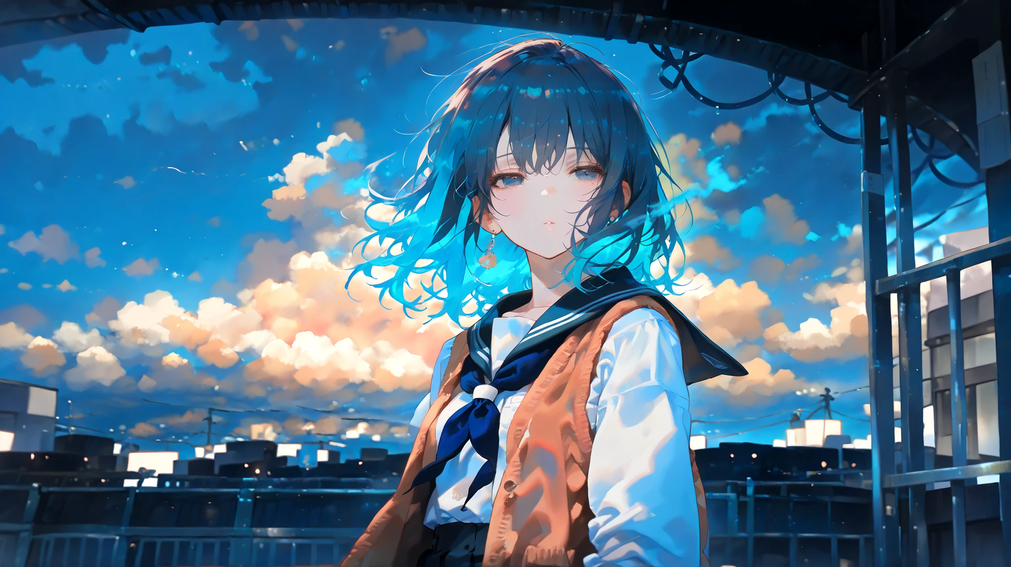 1girl, standing still under a cloudy gray sky, empty field or open rooftop, distant gaze, soft wind blowing hair slightly, school uniform or simple casual wear, quiet solitude, moody atmosphere, (((masterpiece))), (((best quality))), (8k), (detailed illustration), (((detailed beautiful face and eyes))), (((super fine illustration))), cinematic lighting, cinematic angle, soft light, color detail, Depth of field, long exposure, light steps, intricate colors, vibrant colors, 748cmstyle