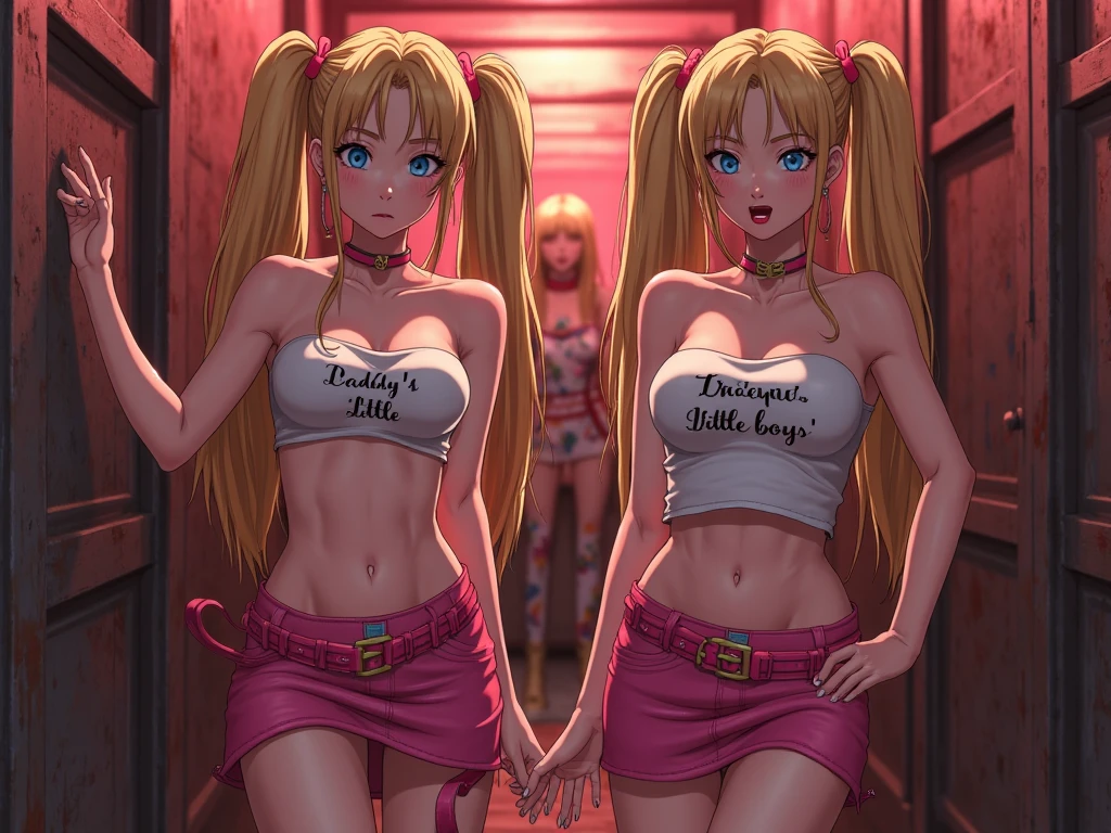 ((1 girls), solo, Big round breasts, trendy, stylish, clevage, thighs, hips, realistic, pink hair, blonde hair, light green eyes, lip gloss, detailed face, amazing big eyes, eye details, big lips, eyebrow details, pink mini skirt, crop top blush, confident, dominant, bdsm, smirk, naughty, mischevious face, HD, good quality, curvy, standing up, thick thighs, attractive, amazing body, perfect body, slim thick, indoors, bedroom, pink outfit