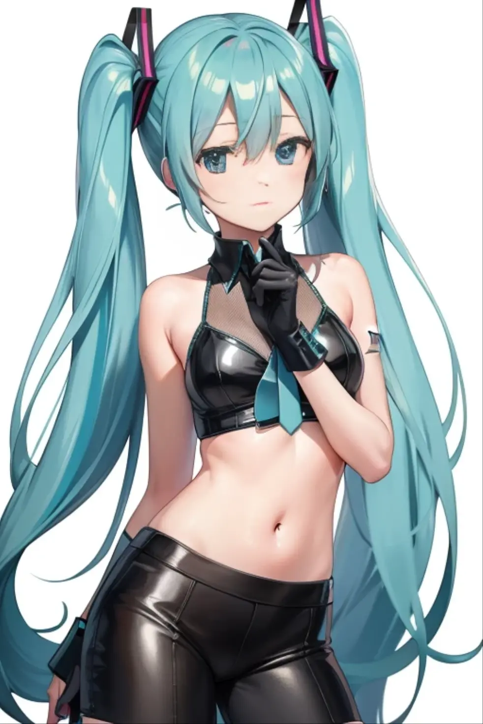 young boy, long blue hair, Fox ears, Green eyes, black skintight clothes, Shorts, open belly, Masterpiece, hiquality