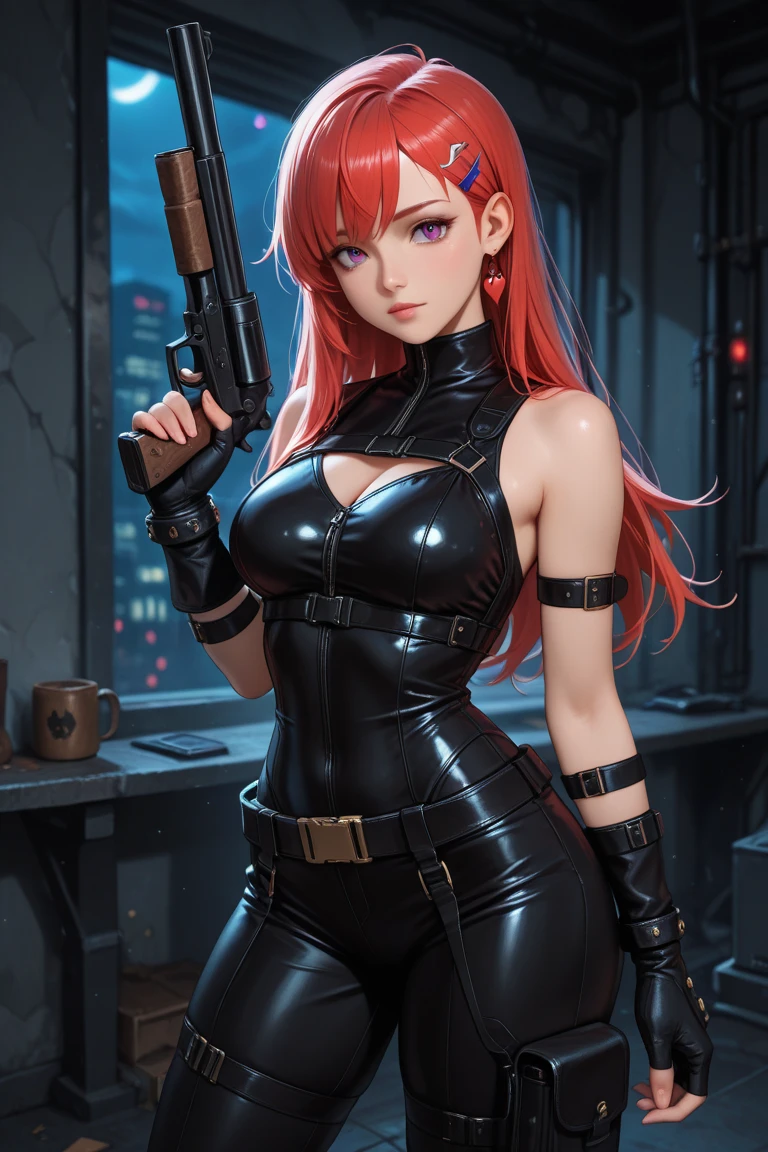 The image showcases a digital illustration of a girl with bright red hair, standing tall. She is dressed in a sleek skin-tight shiny black latex bodysuit with a deep-cut zipper neckline revealing a large chest, the silver zipper running down the front. The suit is complemented by her silver wrist guard on both wrists and a metal belt with a red "black widow" symbol buckle. Both hands are clenched. A stern expression of determination is visible on her face. She is positioned in front of a bright light, potentially representing a portal, contributing to a suspenseful atmosphere.