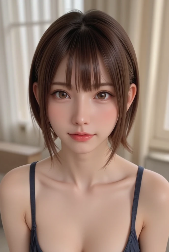 Best Quality, Ultra High Resolution, (Photorealistic: 1.4), Beautiful Eyes, Super Beautiful, Very Short Hair, Beautiful, Sweetheart, T-shirt with Rough Chest, Beautiful Soldier, Eyes That Invite Viewer, Lover's Perspective, Inviting Expression, Sexy Smile, Perfect Style, Perfect Balance, Detailed Skin, Naughty Gaze, Chest Visible