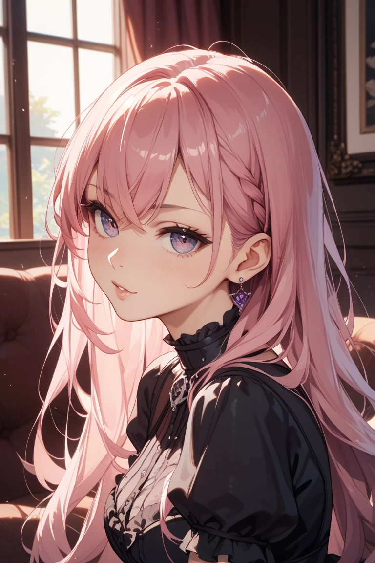 (masterpiece, high quality, 4k, 8k:1.4), 1girl, solo, pink hair, brown eyes, double-parted bangs, long hair, (mature female, mature:1.2), mole under eye, earrings, black flowy dress, close up, detailed face, beautiful detailed brown eyes, extremely detailed face, long eyelashes, intricate details, soft lighting, warm color palette, indoors