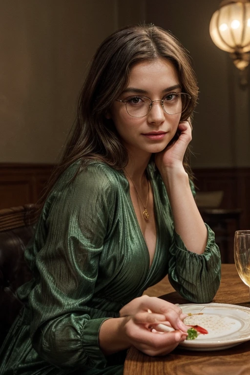 In an ancient and majestic library, the young woman dives into a world of wisdom and history. She is wearing an emerald green vintage dress., with lace details on the neckline and sleeves. The dress has a classic and elegant look, perfectly complementing the library&#39;s antique ambience.

Her black hair is tied up in a classic updo., with a few loose locks framing your face. She wears delicately framed glasses, that add an intellectual touch to your look. Your face is lightly made up, with a touch of color on the lips and cheeks, highlighting your natural beauty.

She is leafing through an old book with leather covers, with an expression of fascination and curiosity. Around her, the dark wooden shelves are filled with old, dusty books, and the scent of aged paper fills the air. The soft light from reading lamps creates a welcoming and introspective atmosphere.

Her accessories include pearl earrings and an antique family ring., that add a touch of elegance and personal history to your look. She is sitting at a reading table, surrounded by stacks of books and notes, completely immersed in reading. The library is silent, with only the occasional sound of pages turning and soft footsteps on the wooden floor.[sex][new]