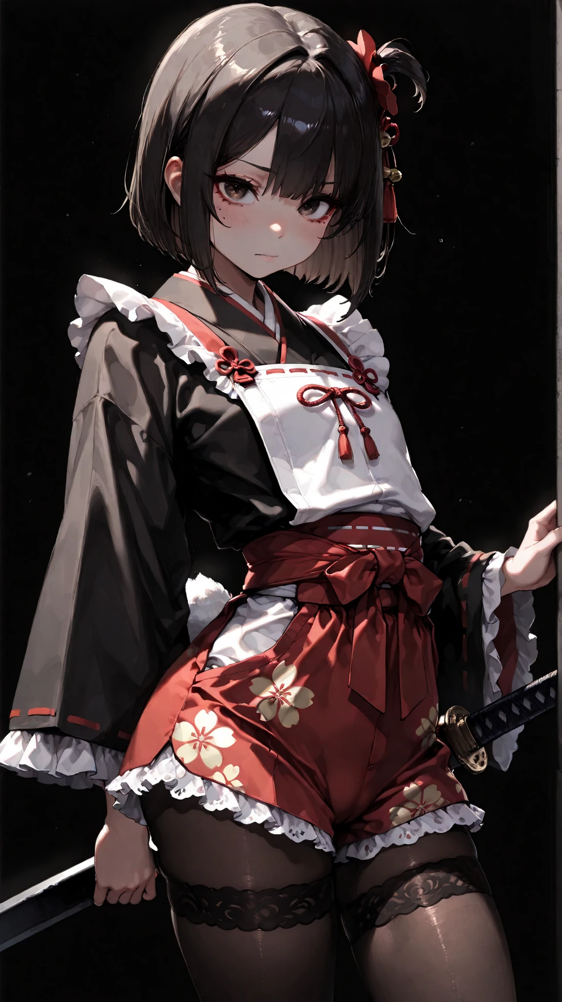 Shelly Gee, (masterpiece, Highest Quality, high definition: 1.2), girl, alone, dark brown eyes, frill、lace fabric、black hair、pantyhose、Women's funny faces、sleeves are framed with lace 、slightly short bob、 135 cm 、elementary school student、cute face、Like々funny face、gaze into the distance、hair accessories、 Japanese sword、 Exquisite Face、delicate hair、Lace pattern、 overall bright color 、double eyelid、large eyes 、Flat , floral shorts 、front hem、thin waist、black hair background、black background、dark brown eyes、long crotch、empty space、Moving pose 、Side tail on one side only、 Japanese sword、black shrine maiden costume、Corner hiding