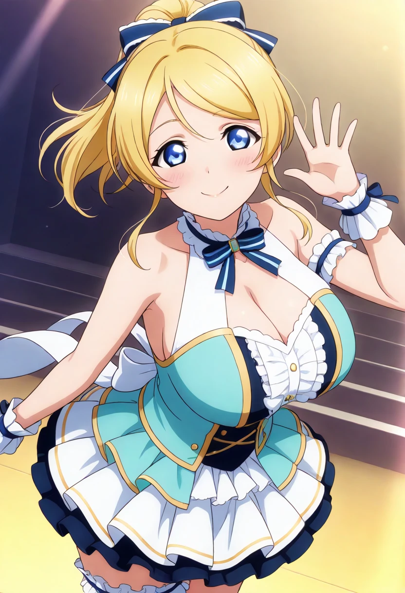 1girl, solo, upper body, facing viewer, looking at viewer, smile, DQJESTER, CURLY HAIR, FAKE RABBIT EARS, BLUE LEOTARD, BOWTIE, PANTYHOSE, WRIST CUFFS.