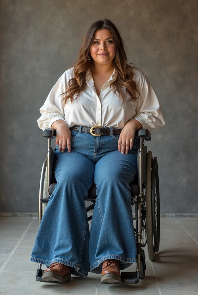 A ssbbw midget her in super wide leg mega bell bottom flare jeans have a single leg amputee in a wheelchair 1970s