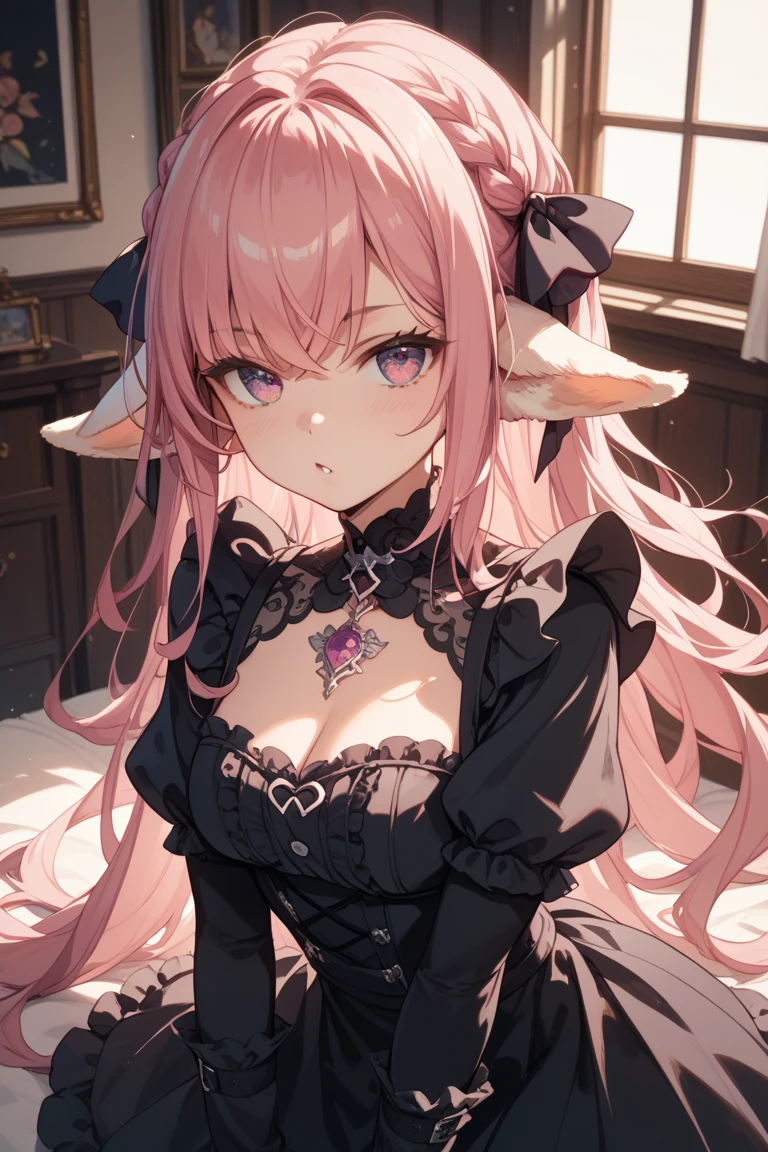A female milf demon with black demon horn, extremely long pink hair, White eyes of the demon, wedding dress, wicked and malicious look, succubus, wicked smile