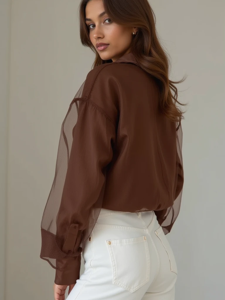 Mulher, 29 anos, 1989, Photographic quality from the 80s, modelo, photographic studio, blusa vermelha, torn pants, blusa brilhante, cabelo castanho escuro, latim branco, Serious, cabelo preso com uma coroa de flores, olhos verdes