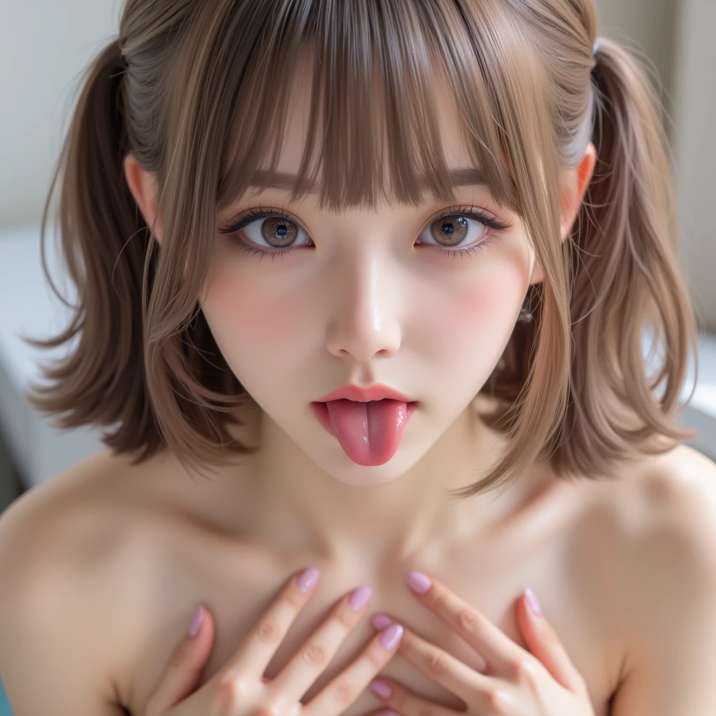 1girl in, Brown hair、((Pink and brown mesh hair))Looking at Viewer, Open mouth, Tongue out, Captivating ( Focus), (hand on the breast (Breasts out:1ring bra, String panties, Resting, ((own)), Spread legs, 鎖骨, Bedroom, S), From above、K-pop idols、(erotick)、20yr old、((Tempting))、Mansujiji、Mansuji、Eyes are depressed、(Pleasant look)、((insertion、Male genitalia))、((Normal bit))、((act))))、((((Have intense sex))))、((((fullnude)Hair is disheveled))