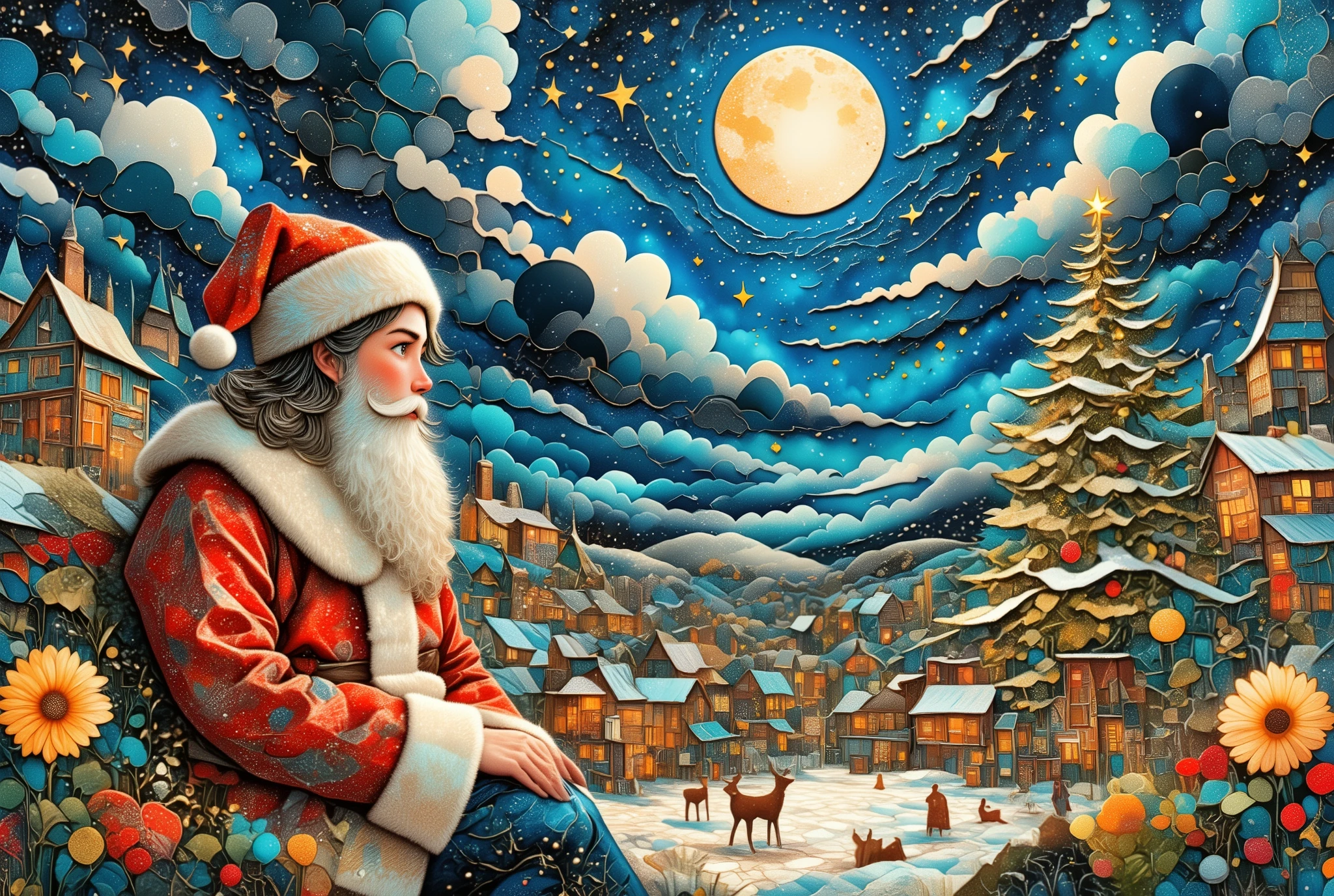    Woman cosplaying Santa Claus ,「  Merry Christmas  」,white,red,green,brown,light blue,Ultramarine,A color like a sunflower  , surreal collage,a contemporary artistic collage,collage artwork,  New Album Jackets  ,  great job  !! ,digital collage、(collage ),collage art,contemporary collage,mixed media collage,  surreal +       high resolution next to piano ,  surreal style, convertible、     shall I also call it the inner world of the autism spectrum,  Please see here  ,  reindeer, Christmas Tree, Illuminations, night 