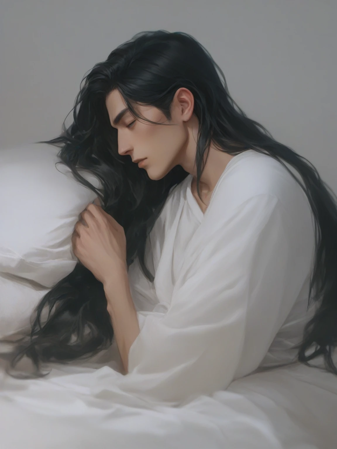 cute man with long black hair, wearing shirt, using his cell phone while lying on the bed, he is looking at his cell phone while typing, 8k