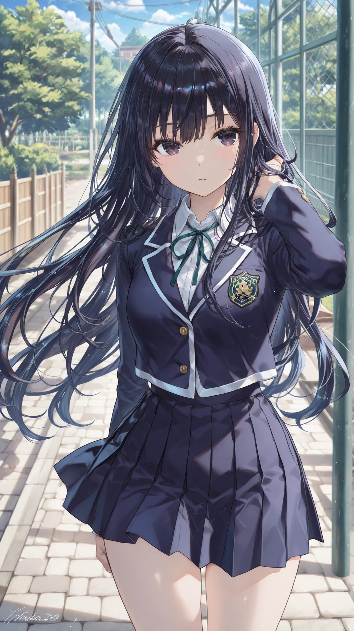 ((best quality))(masterpiece)(details)wearing a dark blue skirt that shows her thighs、Wearing a small dark blue uniform、It has a thin green ribbon、long hair、dark eyes、black hair、school yard