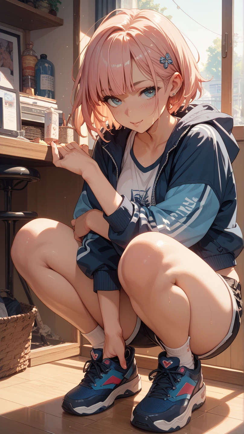 (8K, Highest quality, Highest quality, masterpiece), sit on the floor, (denim hot micro shorts), (vulva peek), big breasts, ((spread legs 1:2)), nm1, headphones around neck, long sleeves, blue cardigan, pantyhose, (fullbody), smile, school uniform, open jacket